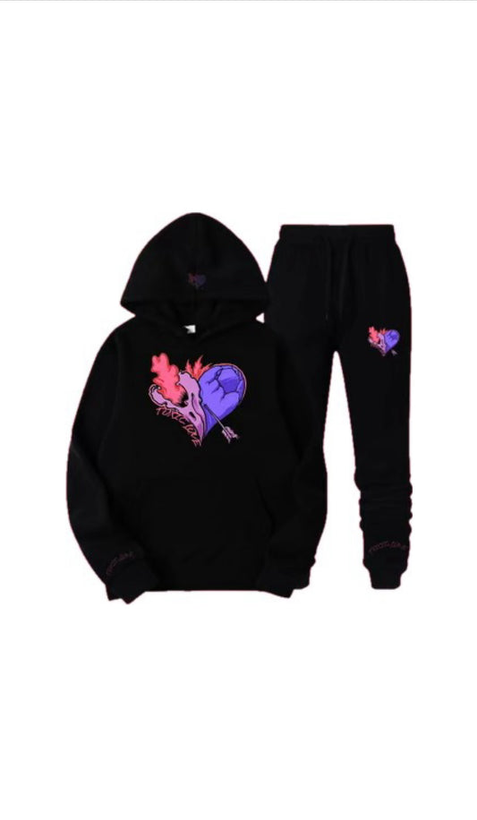 Toxic Love 2Pcs Outfits, Exotic Heart Hoodies And Sweatpants Joggers Set For Winter Fall, Men's & Women's Clothing